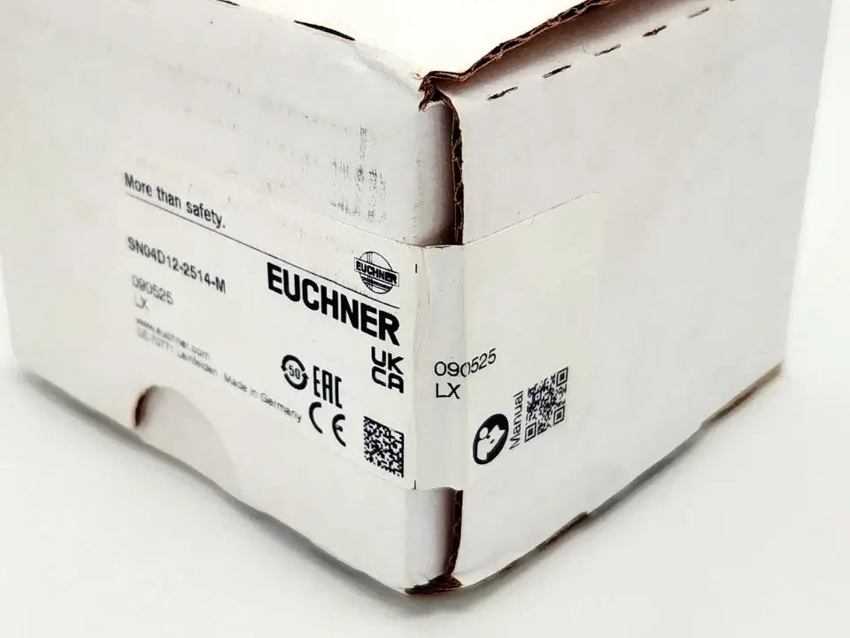 Packaging box of Euchner SN04D12-2514-M safety switch, sealed and labeled with product details and certification logos.