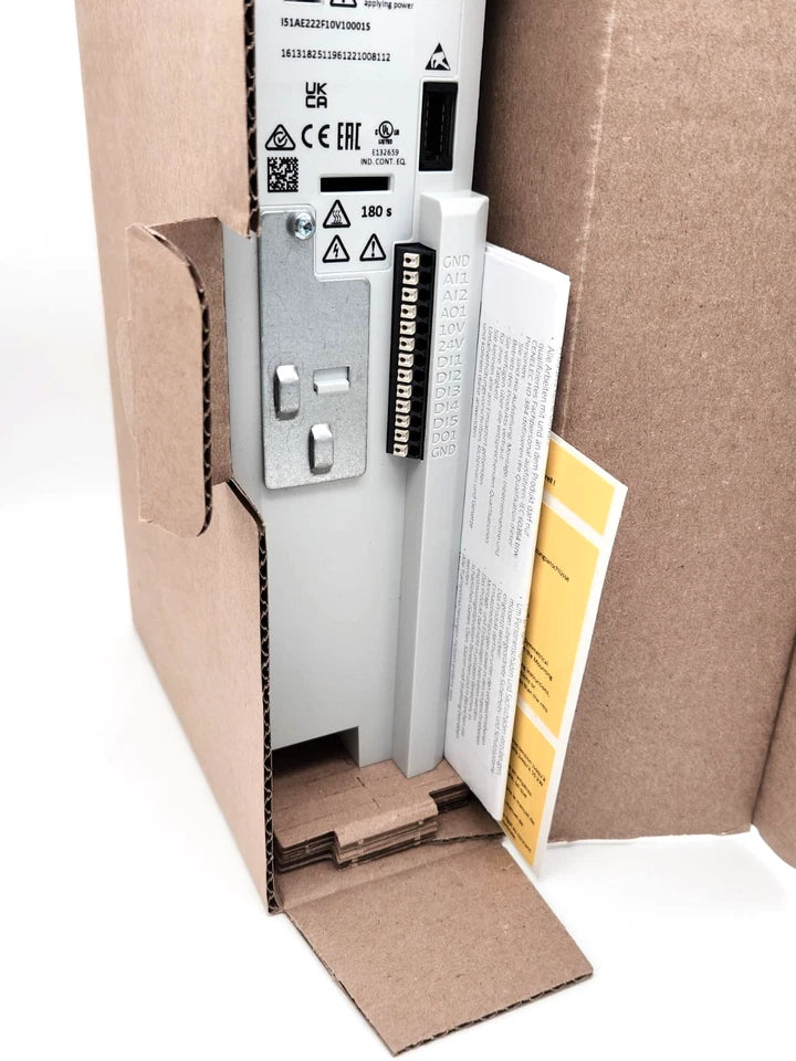 Lenze 16131825 i510 Inverter I51AE222F10V10001S 2.2kW/3HP in original packaging, showing product details and manuals.