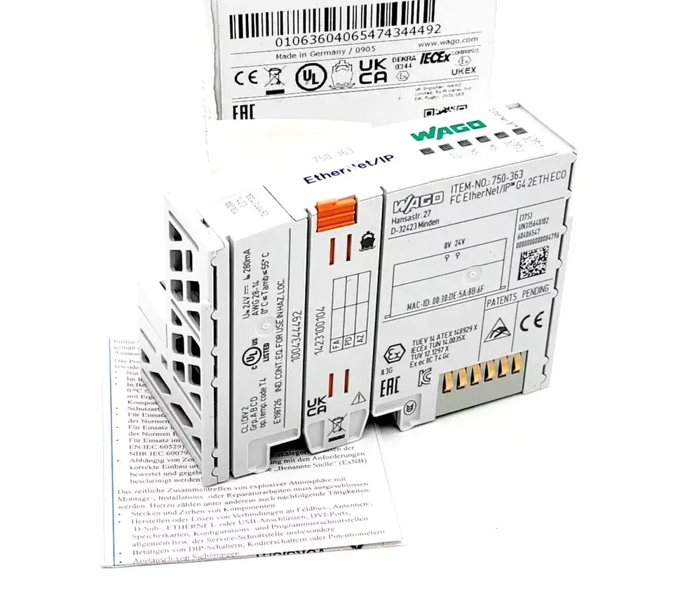 Wago 750-363 Feldbuskoppler EtherNet/IP 4. Generation ECO in original packaging with technical specifications visible