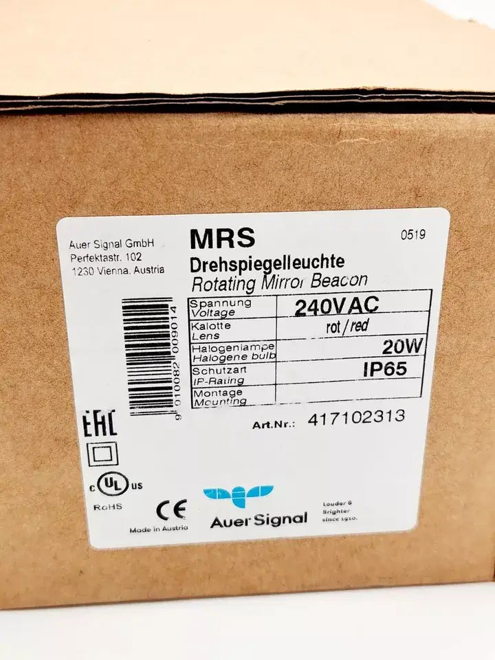 Auer Signal MRS Rotating Mirror Beacon packaging with specifications label, model 417102313, 240V/AC, 20W, IP65, red color.