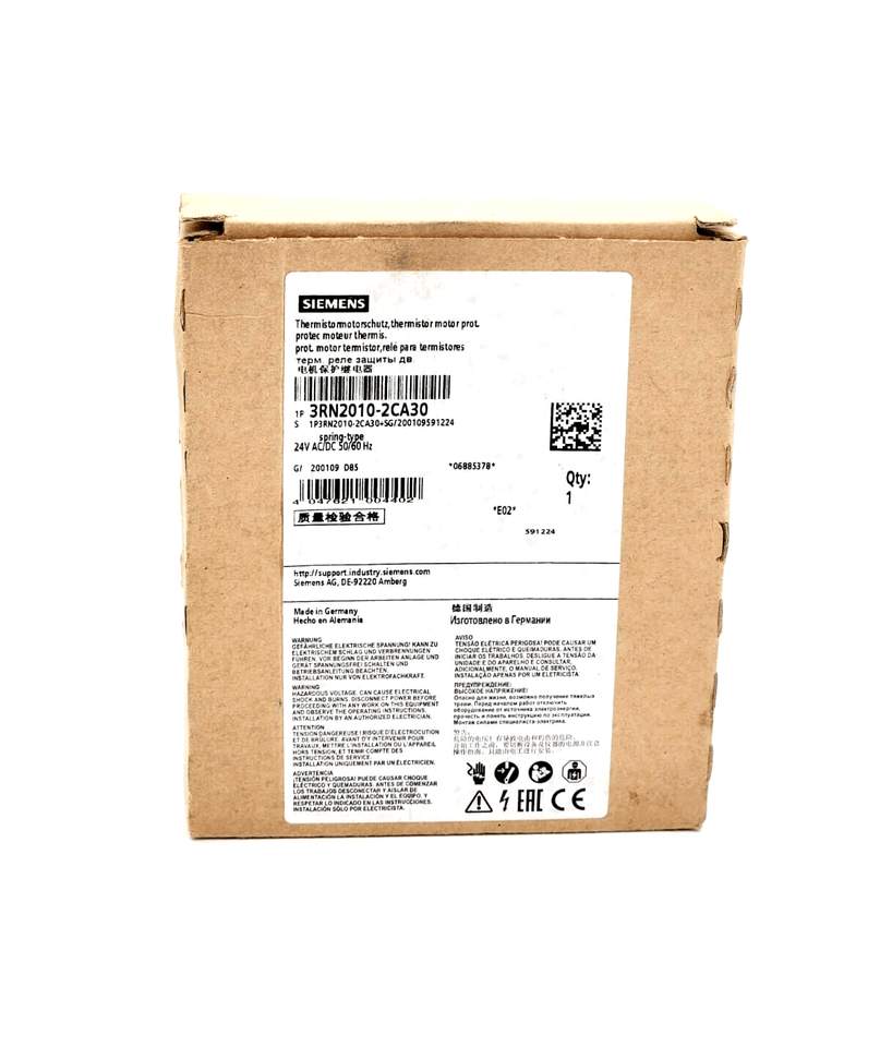 Box packaging of Siemens 3RN2010-2CA30 Thermistor-Motorschutzrelais with label and specifications visible.