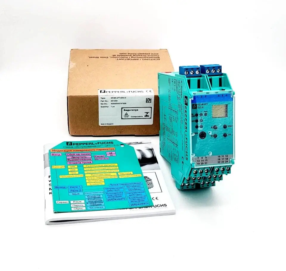 Pepperl+Fuchs 231202 KFU8-UFT-EX2.D Frequenzmessumformer with packaging and manual, displaying technical components.