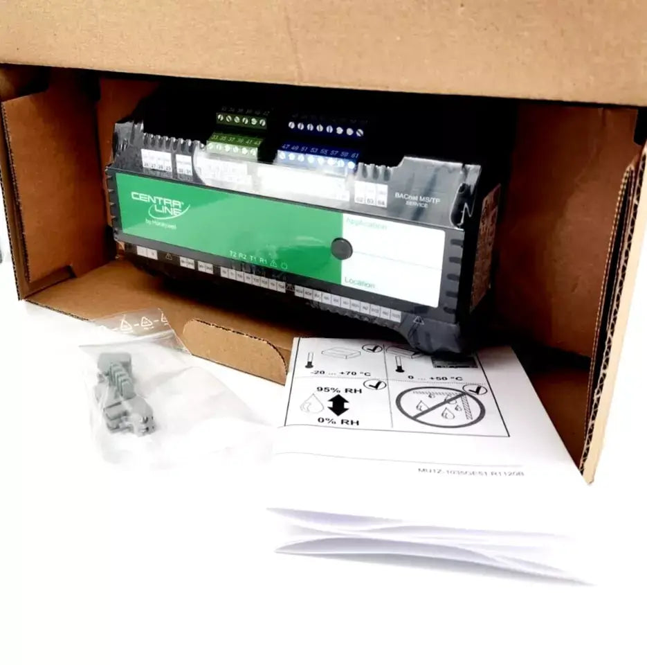 Honeywell CLMERL4N Room Controller in packaging with manuals, showcasing BACnet MS/TP 230VAC compatibility for building management.