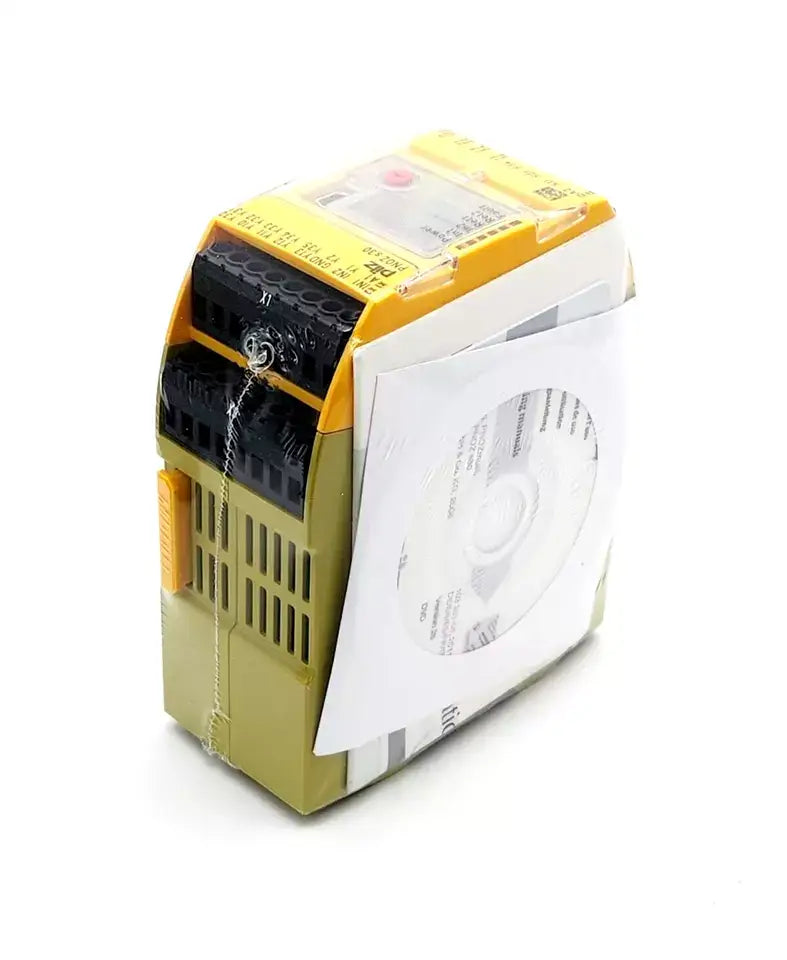 Pilz 750330 PNOZ s30 PNOZsigma safety relay 24-240VACDC, standalone, compact design, front view with connectors and manual.