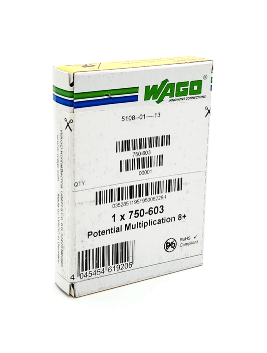 Packaging of Wago 750-603 Potentialvervielfältigung 8-fach 24 V | sealed, showing product label and barcodes