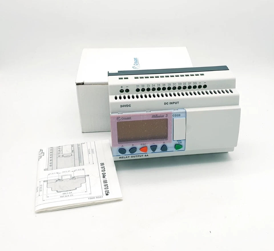 Crouzet 88970051 Millenium 3 Logikmodul CD20 24VDC new in box with manual, compact-SPS for automation control.