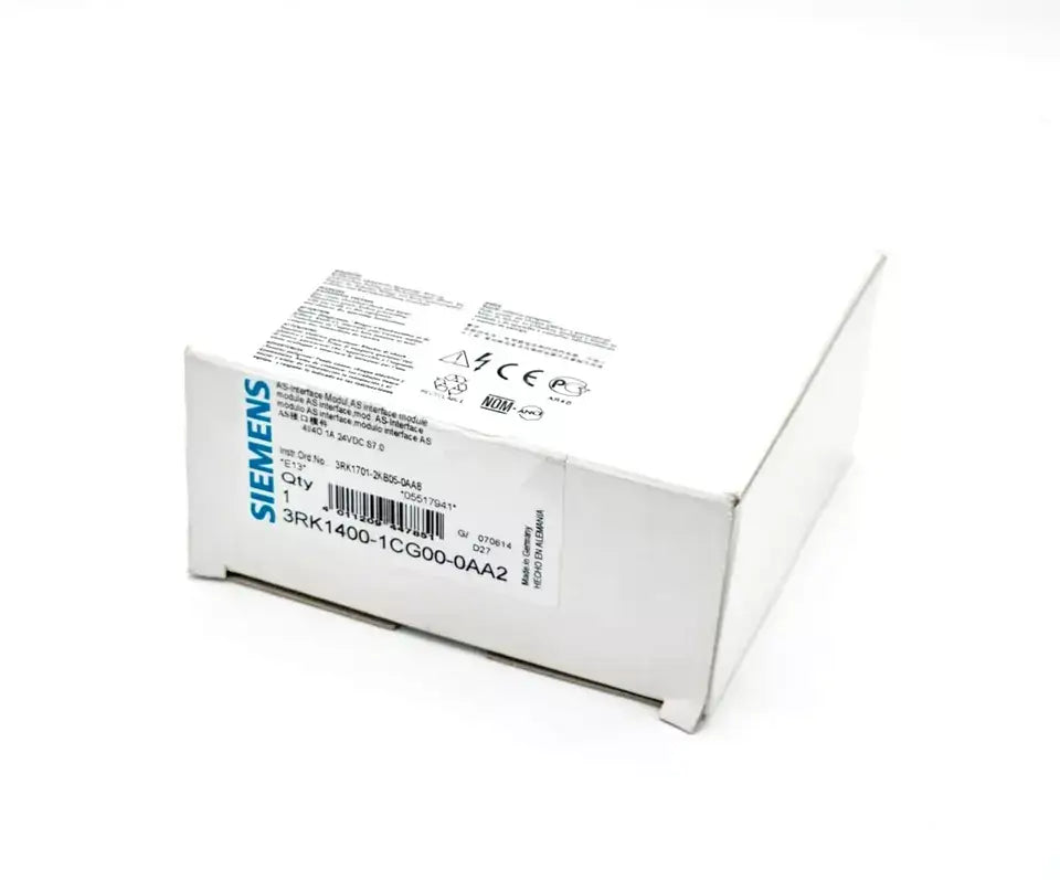 Siemens 3RK1400-1CG00-0AA2 AS-i SlimLine Modul in packaging, featuring 4DI, 4DQ configuration and IP20 protection.
