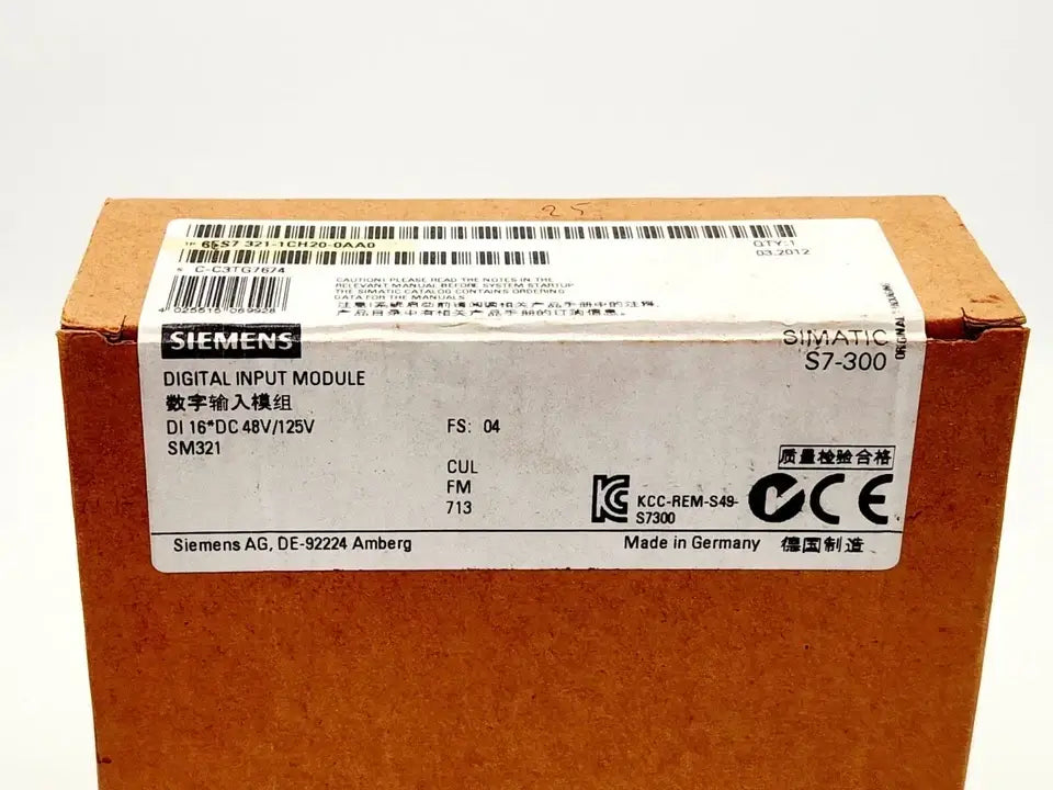 Sealed Siemens SIMATIC S7-300 SM321 digital input module box with specifications label.