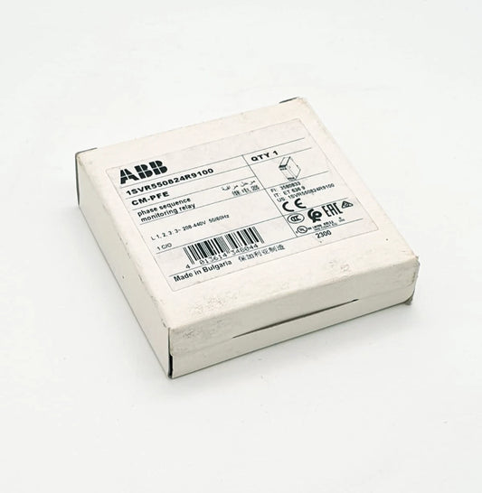 Product packaging of ABB 1SVR550824R9100 CM-PFE Phasenfolgeüberwachungsrelais 1We in original box, new condition.