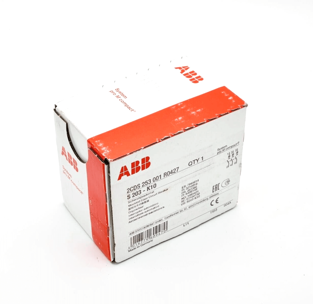 ABB S230-K10 Sicherungsautomat 2CDS253001R0427 | sealed, new boxed circuit breaker with technical specifications visible