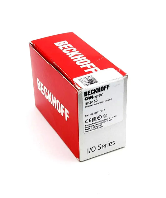 Beckhoff BK5150 – CANopen-Compact-Buskoppler new in box, red packaging with specifications visible.
