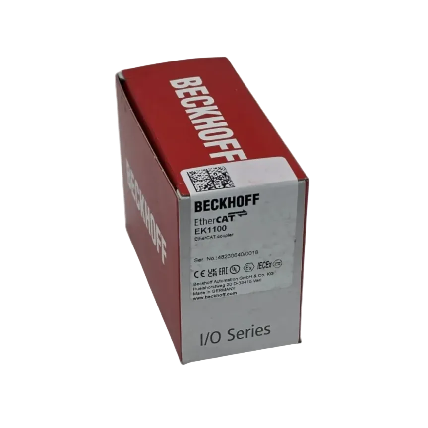 Der Beckhoff EK1100 EtherCAT-Koppler verbindet EtherCAT-Klemmen der ELxxxx-Serie mit EtherCAT-Netzwerken auf Basis von 100BASE-TX.

Der Koppler ermöglicht den Aufbau leistungsfähiger und hochflexibler dezentraler I/O-Systeme mit extrem kurzen Reaktionszeiten. Dank hoher E-Bus-Stromversorgung und Unterstützung von bis zu 65.534 EtherCAT-Klemmen eignet sich das Gerät ideal für komplexe industrielle Automatisierungsanwendungen.