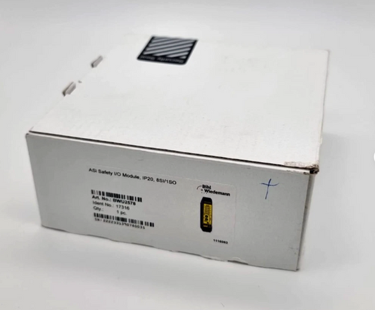 Packaging of Bihl+Wiedemann BWU2578 ASi Safety E/A Modul IP20 8SE/1SA/16E 17316 | sealed, showing box with label.