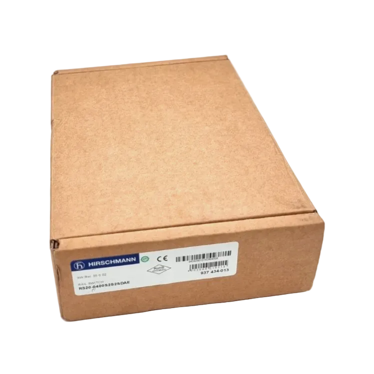 Packaging box of Hirschmann 937-434-013 RS20-0400S2S2SDAE Rail Switch | SW Rel. 05.0.02, new and original packed
