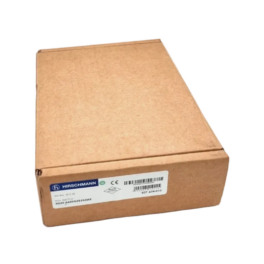 Packaging box of Hirschmann 937-434-013 RS20-0400S2S2SDAE Rail Switch | SW Rel. 05.0.02, new and original packed