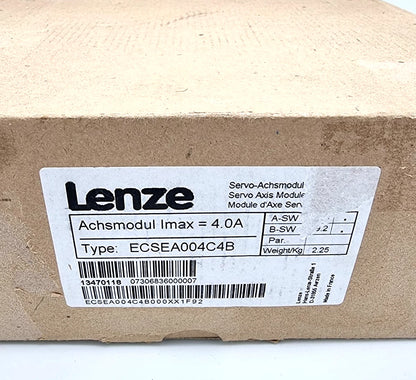 Box of Lenze 13470118 ECSEA004C4B Achsmodul 4.0A with label details, including serial number and specifications.