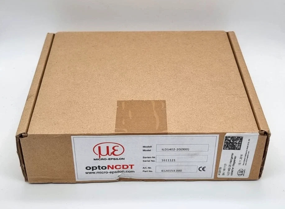 Packaging box of Micro-Epsilon 4120153.000 ILD1402-20 Laser-Wegsensor Laser Distance Sensor, showing model and serial details