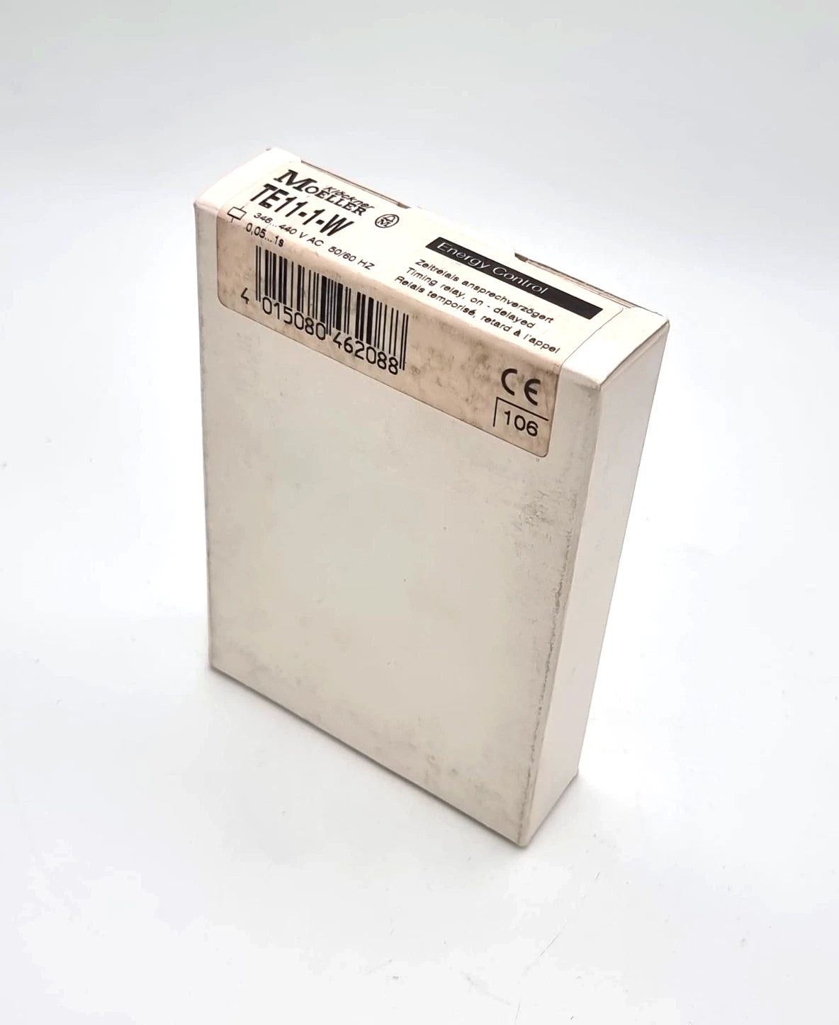 Moeller / Eaton TE11-1-W Zeitrelais ansprechverzögert 0,05...1s 346...440V AC packaging with barcode and CE mark