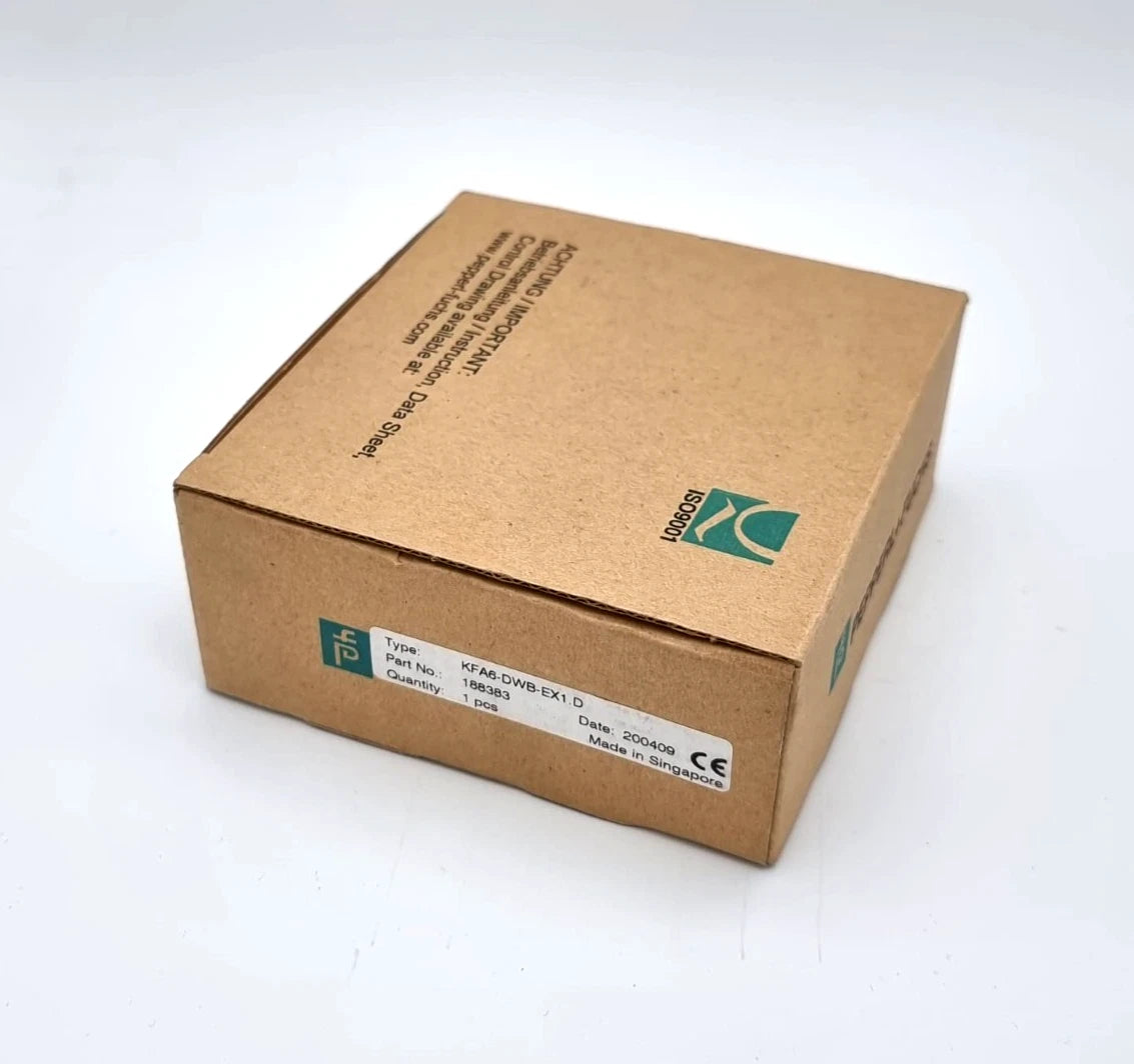 Packaging of Pepperl+Fuchs 188383 KFA6-DWB-EX1.D Drehzahlwächter showing box with label and logo.
