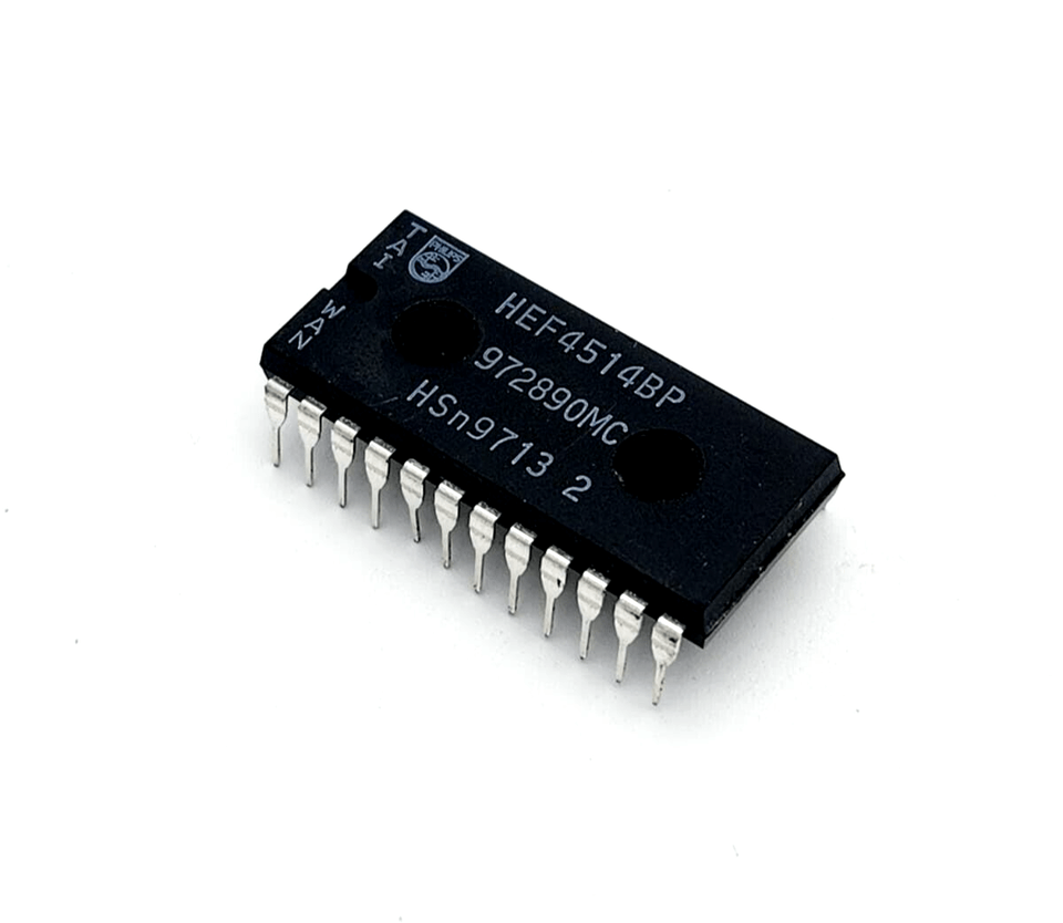 Philips HEF4514BP 4-Bit Latch/4 to16 line decoders DIP24, electronic component with 24 pins shown at an angle.