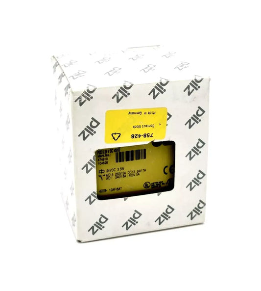 Pilz 474910 PZE 5 Sicherheitsschaltgerät 24V DC 4S 1Ö in original packaging, showcasing the safety relay box.