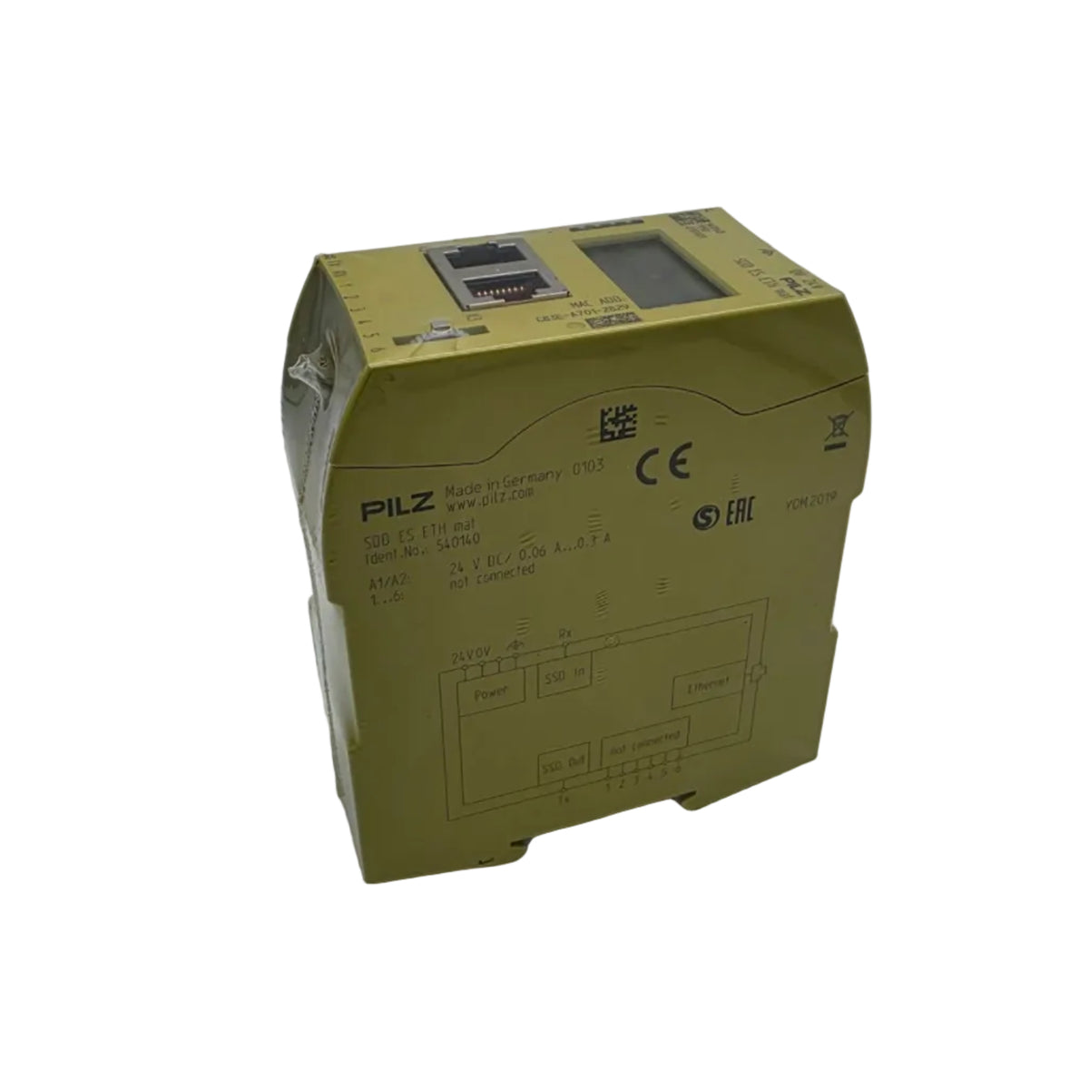 Pilz, 540140, SDD ES ETH mat, SDD ES ETH, Safety Device Diagnostics, SDD, Ethernet, Ethernet Modul, Diagnosemodul, Diagnostic Module, Sicherheitsdiagnose, Safety Diagnostics, Diagnosesystem, Gerätediagnose, Statusüberwachung, Fehlerdiagnose, Maschinensicherheit, Sicherheitstechnik, Pilz Safety, industrielle Kommunikation, Netzwerkdiagnose, Maschinenüberwachung, SPS, PLC, Maschinenbau, Industrieautomation, Automatisierungstechnik