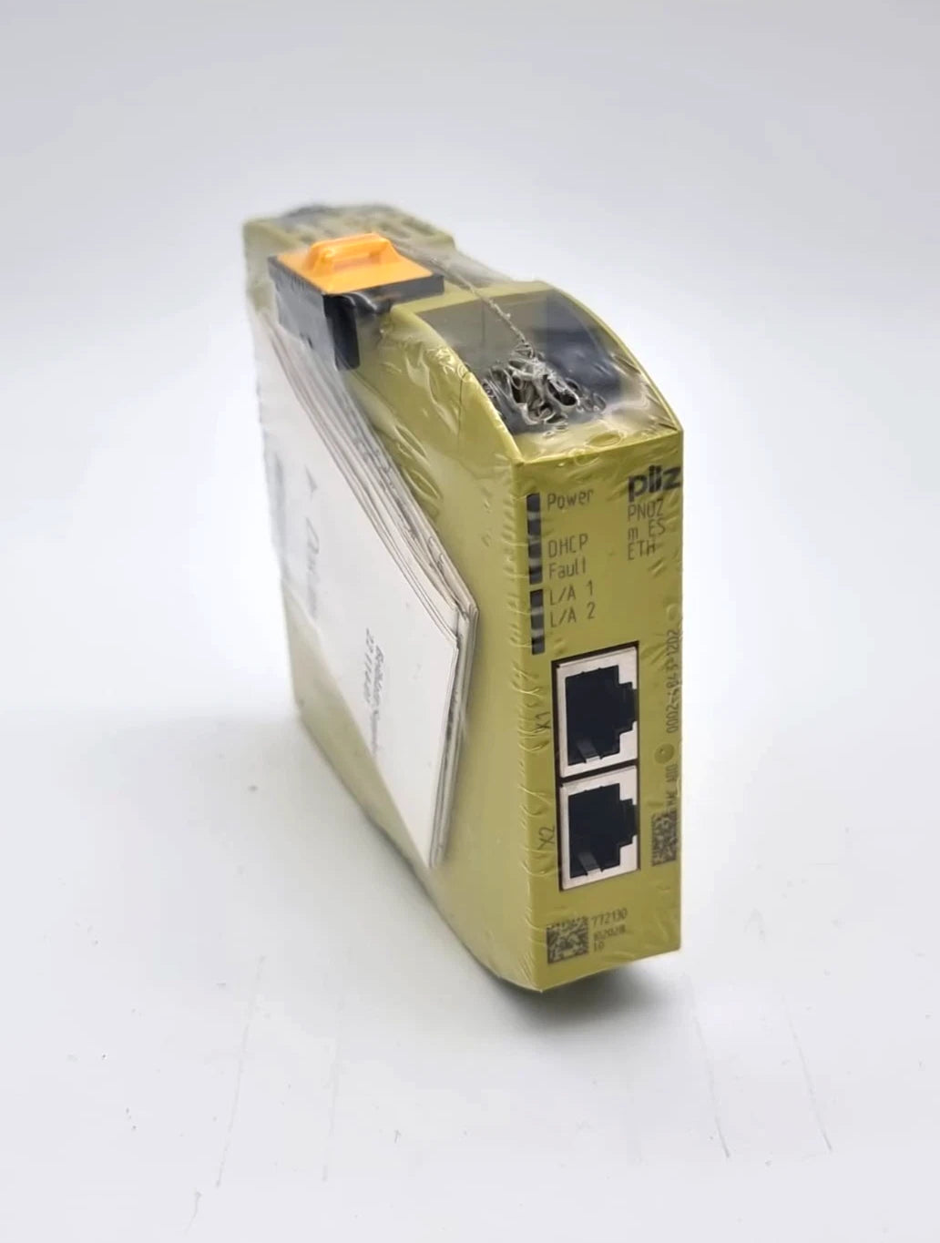 Pilz 772130 PNOZ m ES ETH Kleinsteuerungen sealed Ethernet module, new and original packaging, front and side view.