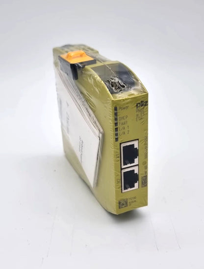 Pilz 772130 PNOZ m ES ETH Kleinsteuerungen sealed Ethernet module, new and original packaging, front and side view.