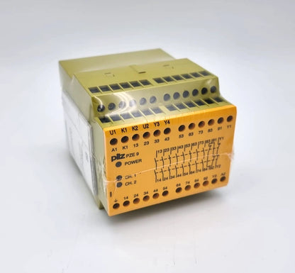 Pilz 774148 PZE 9 Kontakterweiterung 230-240VAC 8n/o 1n/c | sealed, yellow and green component with labeled connectors
