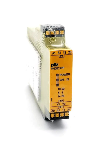 Pilz 787059 PNOZ X7P C Sicherheitsschaltgerät 24VAC/DC 2n/o | sealed, new in original packaging, front view of safety relay device.