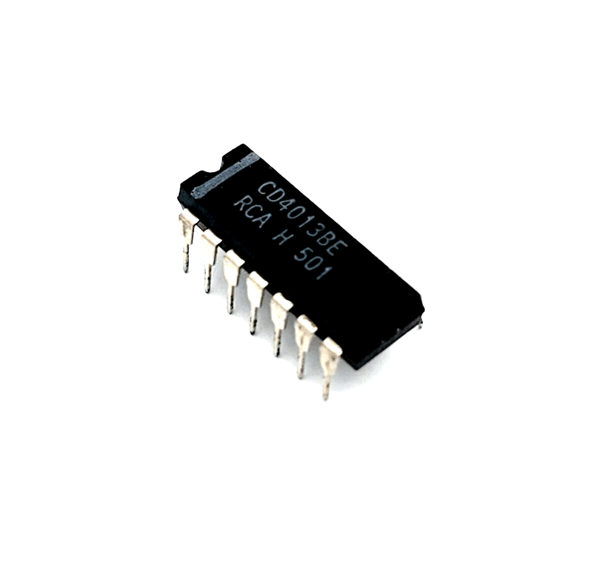 RCA CD4013BE Integrierte Schaltungen IC DIP14, black integrated circuit on white background.
