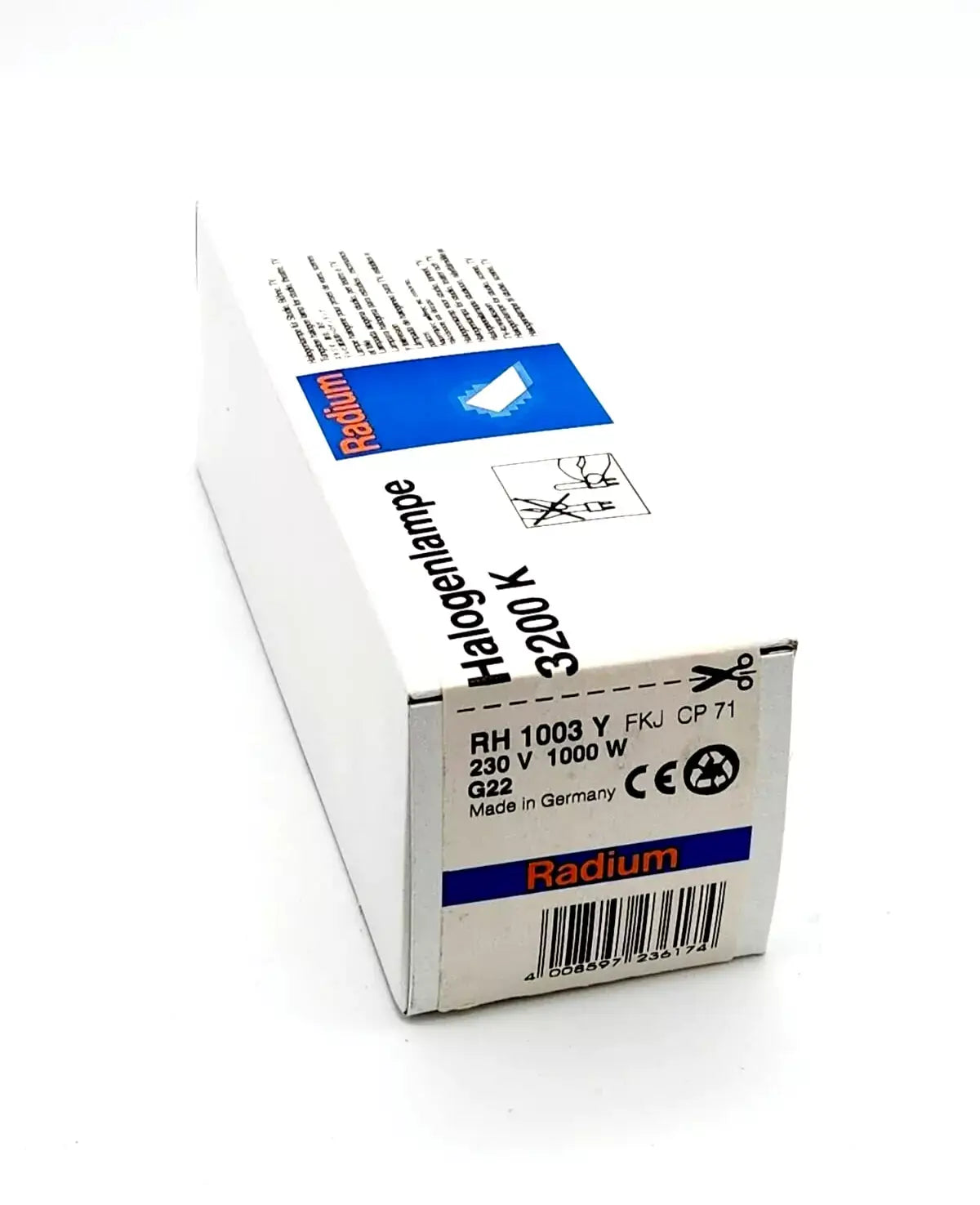 Radium RH 1003 Y FKJ CP71 Halogen-Lampe 3200K 230V 1000W G22 packaging box