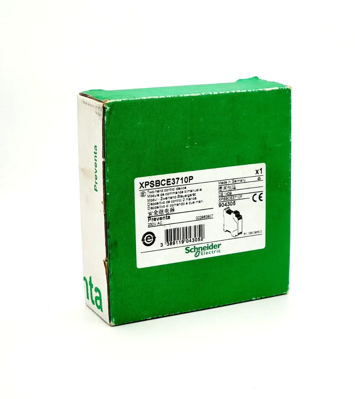 Packaging of Schneider Electric Preventa XPSBCE3710P Sicherheitsbaustein 230VAC 2S 1Ö, new, sealed, showing technical details.