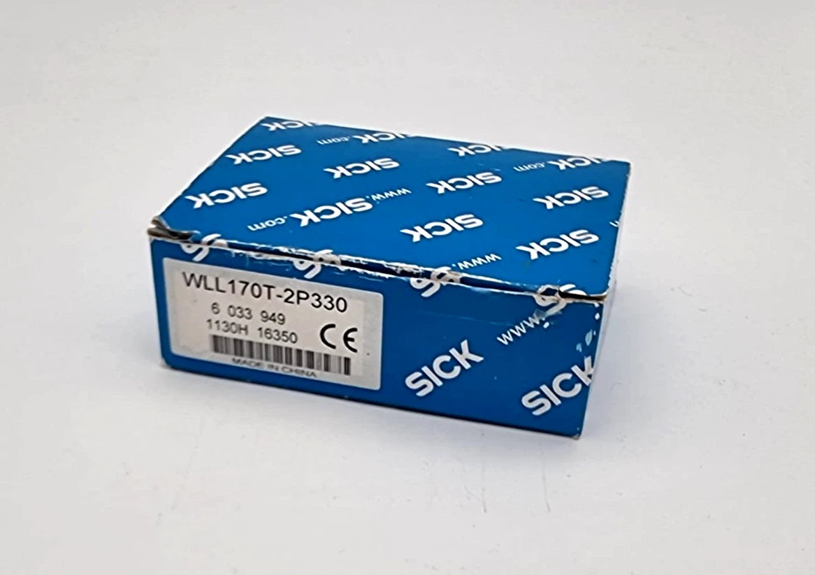 Sick 6033949 WLL170T-2P330 Lichtleiterverstärker box packaging showing model and serial number