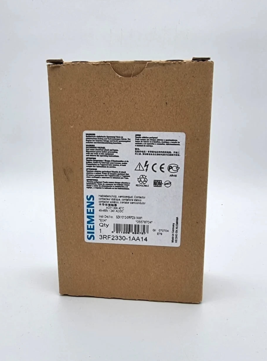 Siemens 3RF2330-1AA14 Halbleiterschütz 30A 48-460V packaging with product details label.