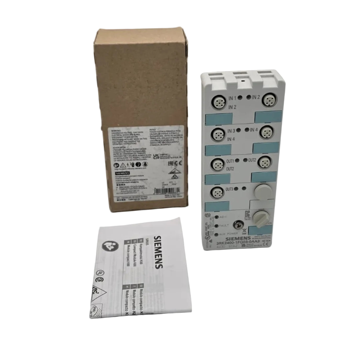 Siemens AS-i Kompaktmodul K60 3RK2400-1FQ03-0AA3 ist ein robustes digitales Feldmodul für AS-Interface Netzwerke mit Schutzart IP67.