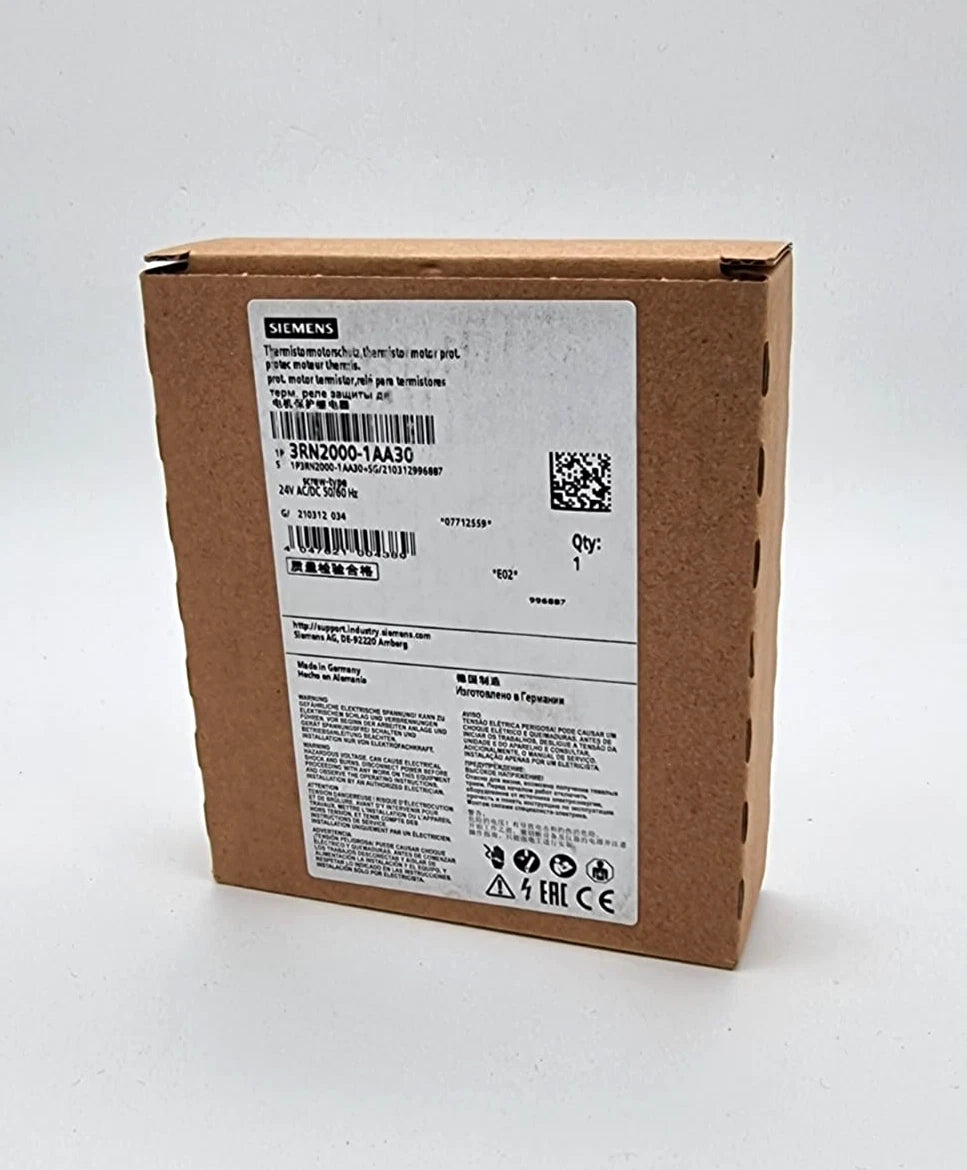 Siemens 3RN2000-1AA30 Thermistor-Motorschutzrelais AC/DC 24 V Verpackung mit Produktdetails und Kennzeichnungen