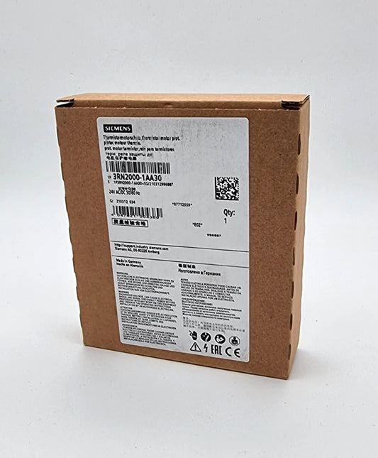 Siemens 3RN2000-1AA30 Thermistor-Motorschutzrelais AC/DC 24 V Verpackung mit Produktdetails und Kennzeichnungen