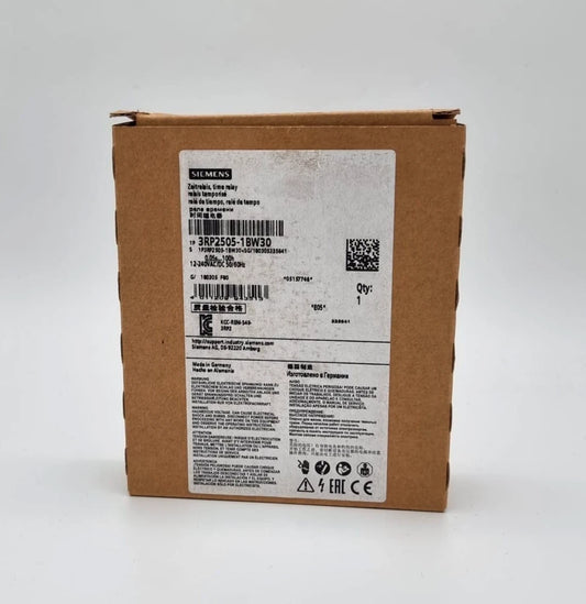 Packaging of Siemens 3RP2505-1BW30 Zeitrelais 0,05 s...100 h AC/DC 12-240 V multifunktion device, new and original.
