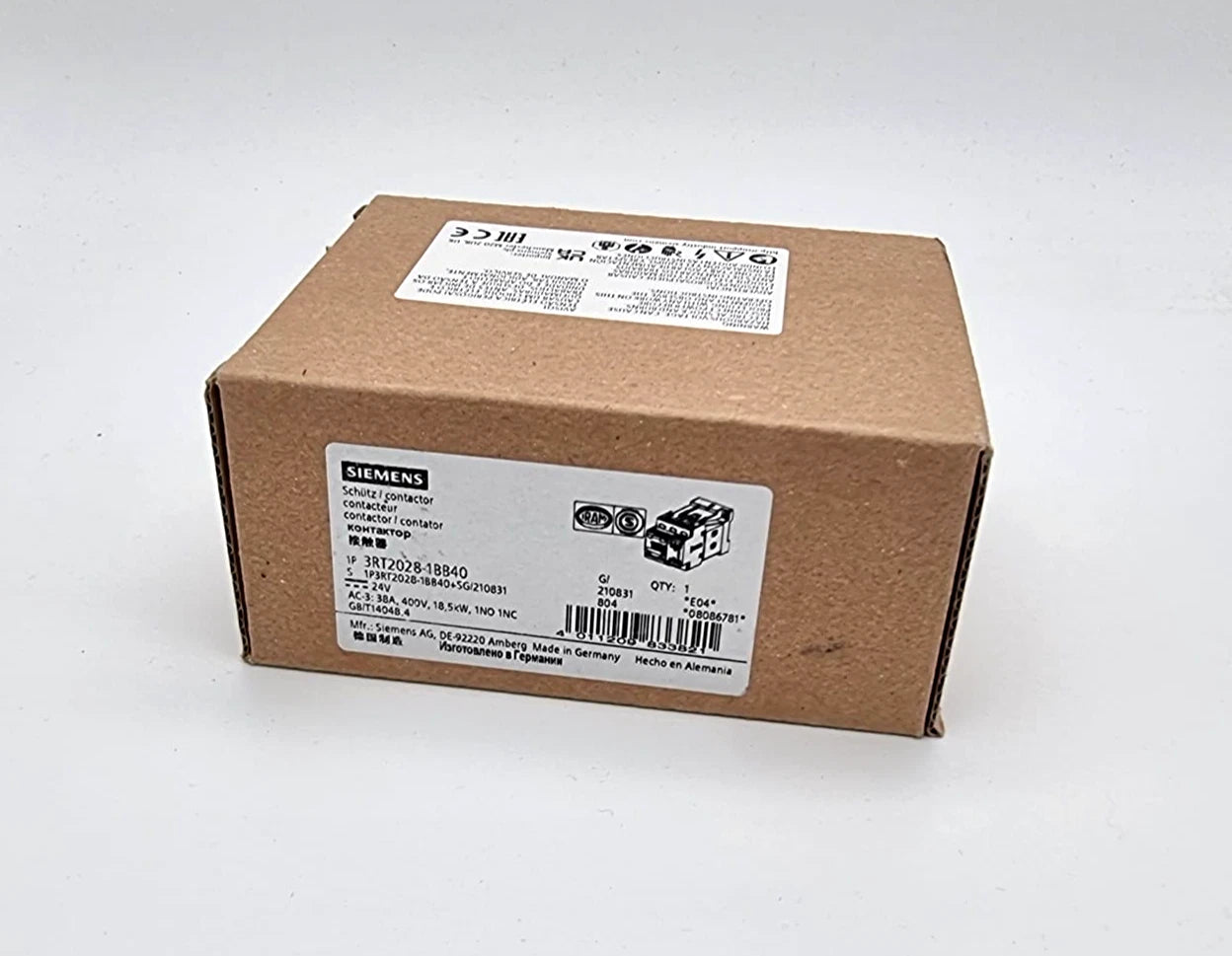 Siemens 3RT2028-1BB40 Leistungsschütz AC3e:18,5kW 1S+1Ö DC24V packaging box