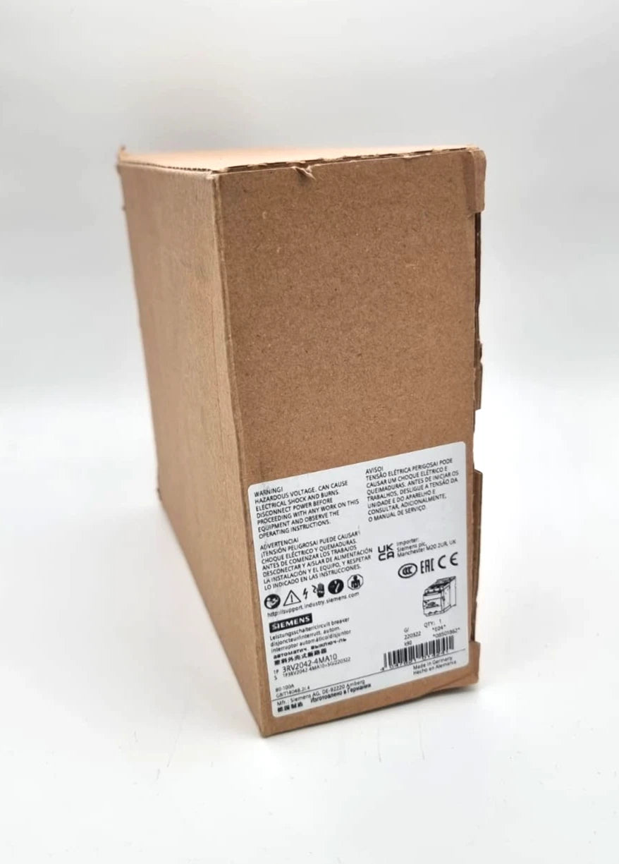Verpackung des Siemens 3RV2042-4MA10 Leistungsschalter S3 100A, neu und originalverpackt mit Etikett auf brauner Box.