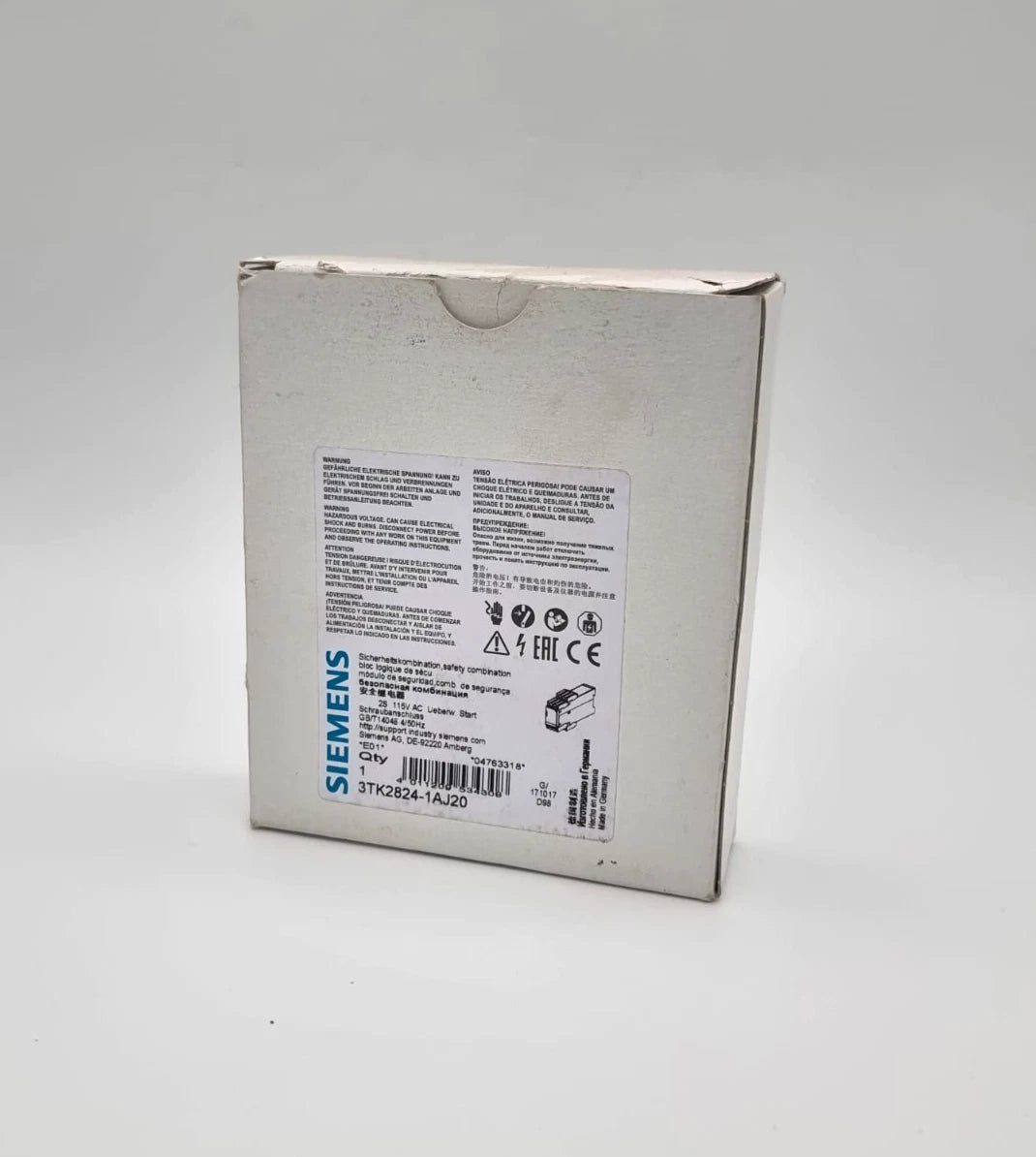 Verpackung des Siemens 3TK2824-1AJ20 SIRIUS Sicherheitsschaltgerät AC 115 V, Originalverpackung, Rückansicht