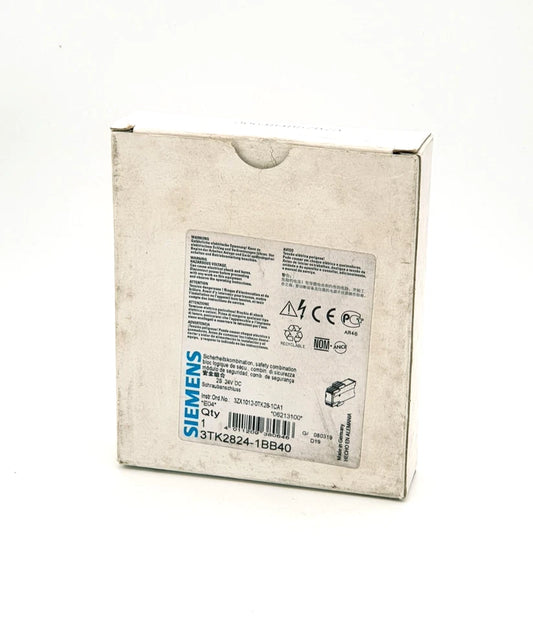 Packaging of Siemens 3TK2824-1BB40 Sicherheitsschaltgerät DC 24 V, Sicherheitsrelais, Seriennummer sichtbar, originalverpackt.