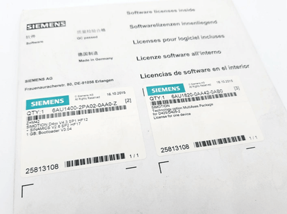 Siemens 6AU1400-2PA02-0AA0-Z, 1GB Card + Siemens 6AU1820-0AA42-0AB0 SIMOTION packaging, software licenses visible