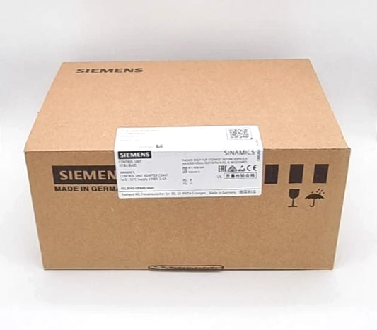 Sealed packaging of Siemens 6SL3040-0PA00-0AA1 CONTROL UNIT ADAPTER CUA31, showcasing box with labels and logos.