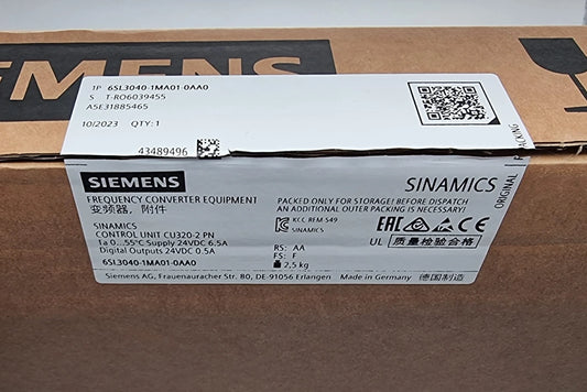 Siemens 6SL3040-1MA01-0AA0 SINAMICS Control Unit CU320-2 PN packaging label showing specifications and serial number.