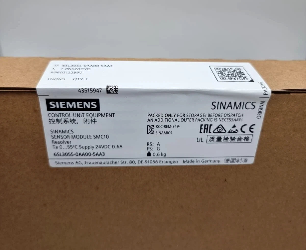 Box of Siemens 6SL3055-0AA00-5AA3 SINAMICS S120 Sensor Module SMC10 sealed, new condition, labeled for packaging and shipping.