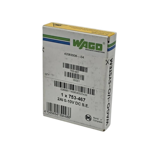 WAGO 753-467 ist ein kompaktes 2-Kanal-Analogeingangsmodul zur Erfassung von Spannungssignalen im Bereich von 0 bis 10 V DC.