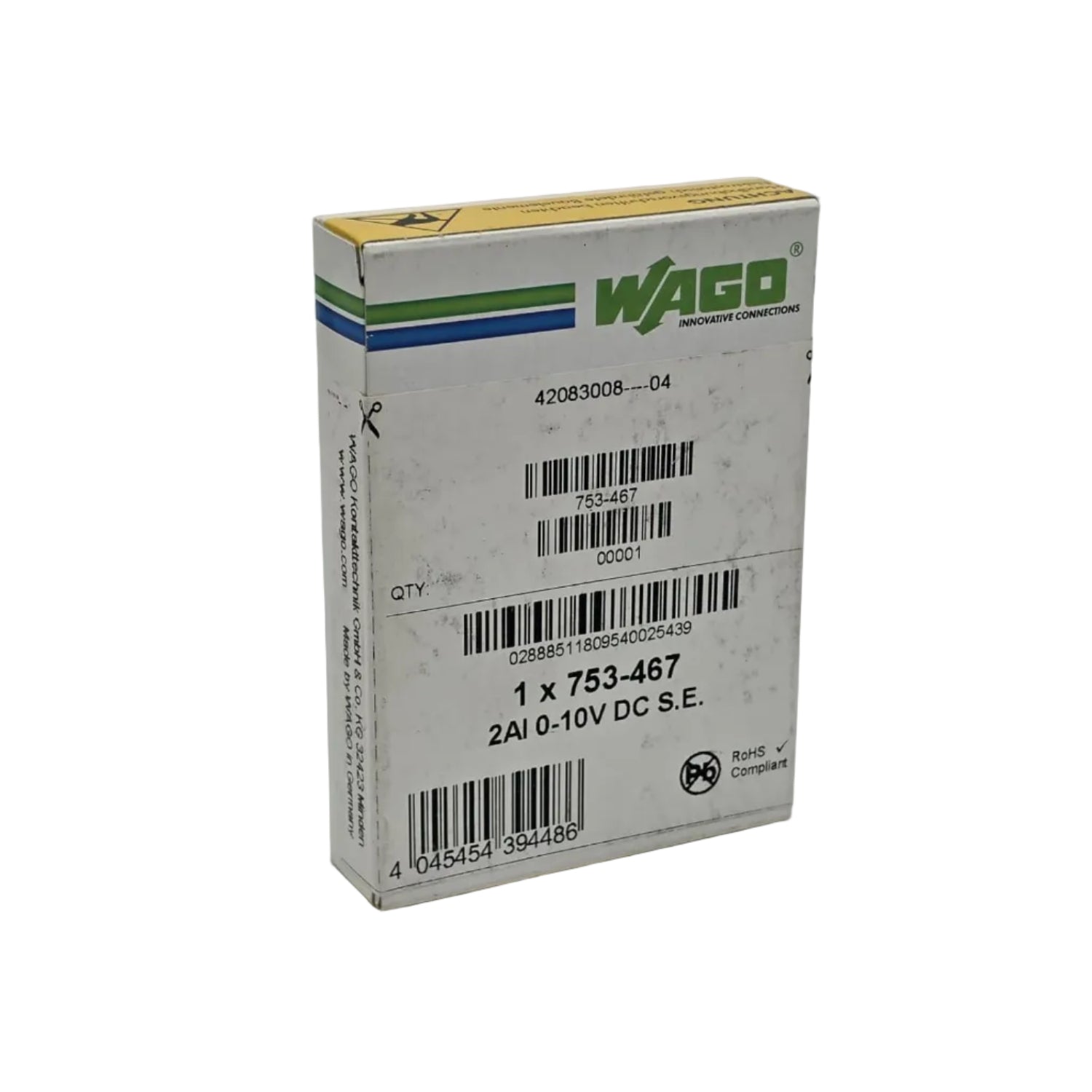 WAGO 753-467 ist ein kompaktes 2-Kanal-Analogeingangsmodul zur Erfassung von Spannungssignalen im Bereich von 0 bis 10 V DC.
