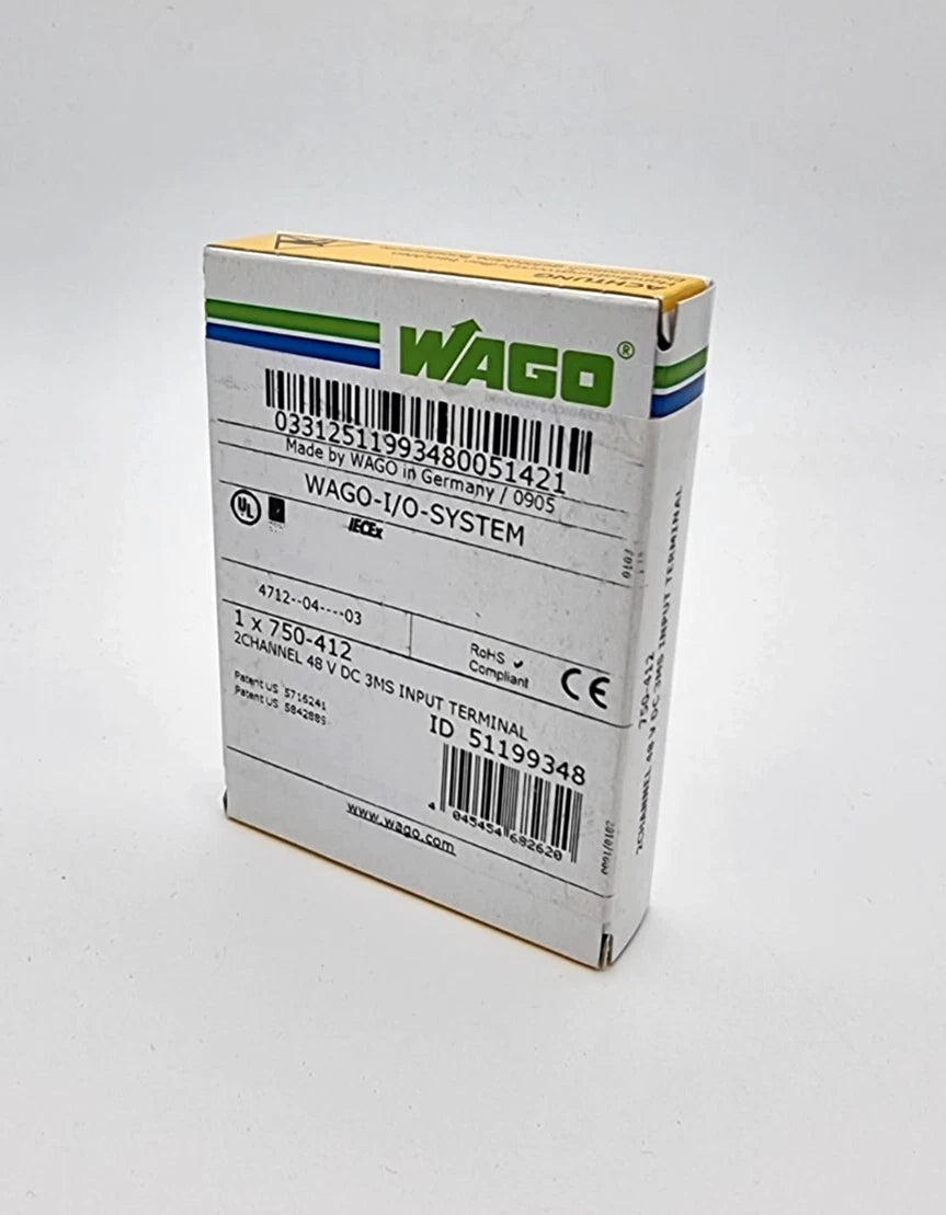 Packaging of Wago 750-412 DC 48 V 3 ms 2-Kanal-Digitaleingang | sealed, showing product details and branding